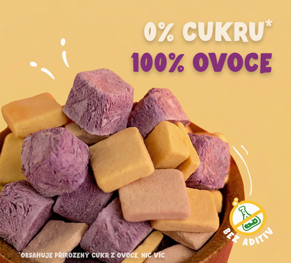 Mražené ovocné kostky bez přidaného cukru a bez aditiv, vyrobené ze 100 % ovoce.