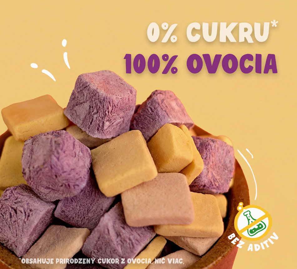Mražené ovocné kostky bez přidaného cukru a bez aditiv, vyrobené ze 100 % ovoce.
