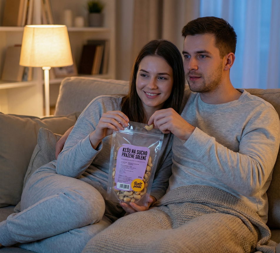 Kešu na sucho pražené solené na gauči