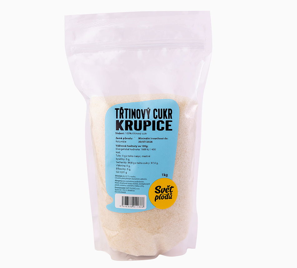 Třtinový cukr krupice packshot bílé pozadí