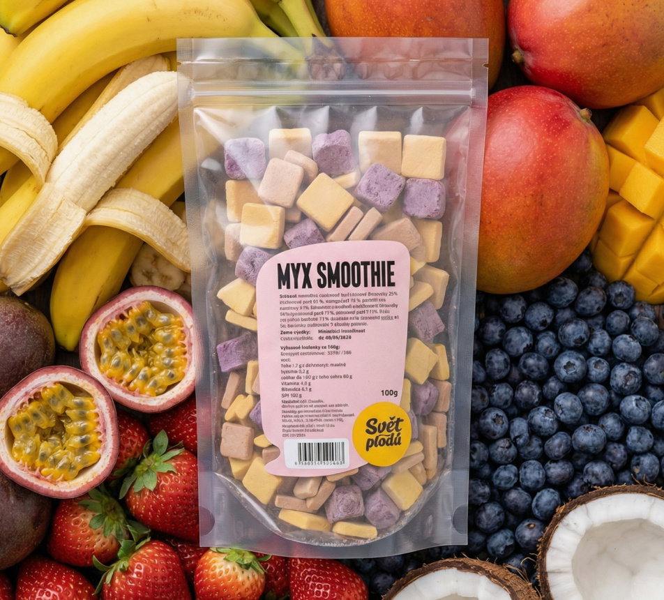 Balení sušených ovocných kostiček MYXX SMOOTHIE o váze 100 g, umístěné u čerstvého ovoce jako banány, mango, borůvky, jahody, maracuja a kokos.